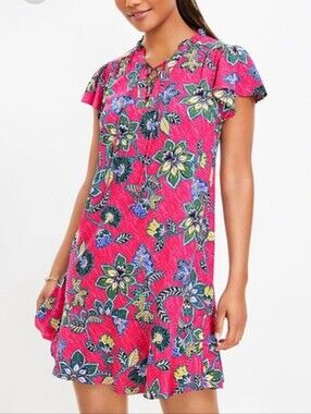 Loft  Floral Lace Up Flounce Swing Shift Dress Small EUC